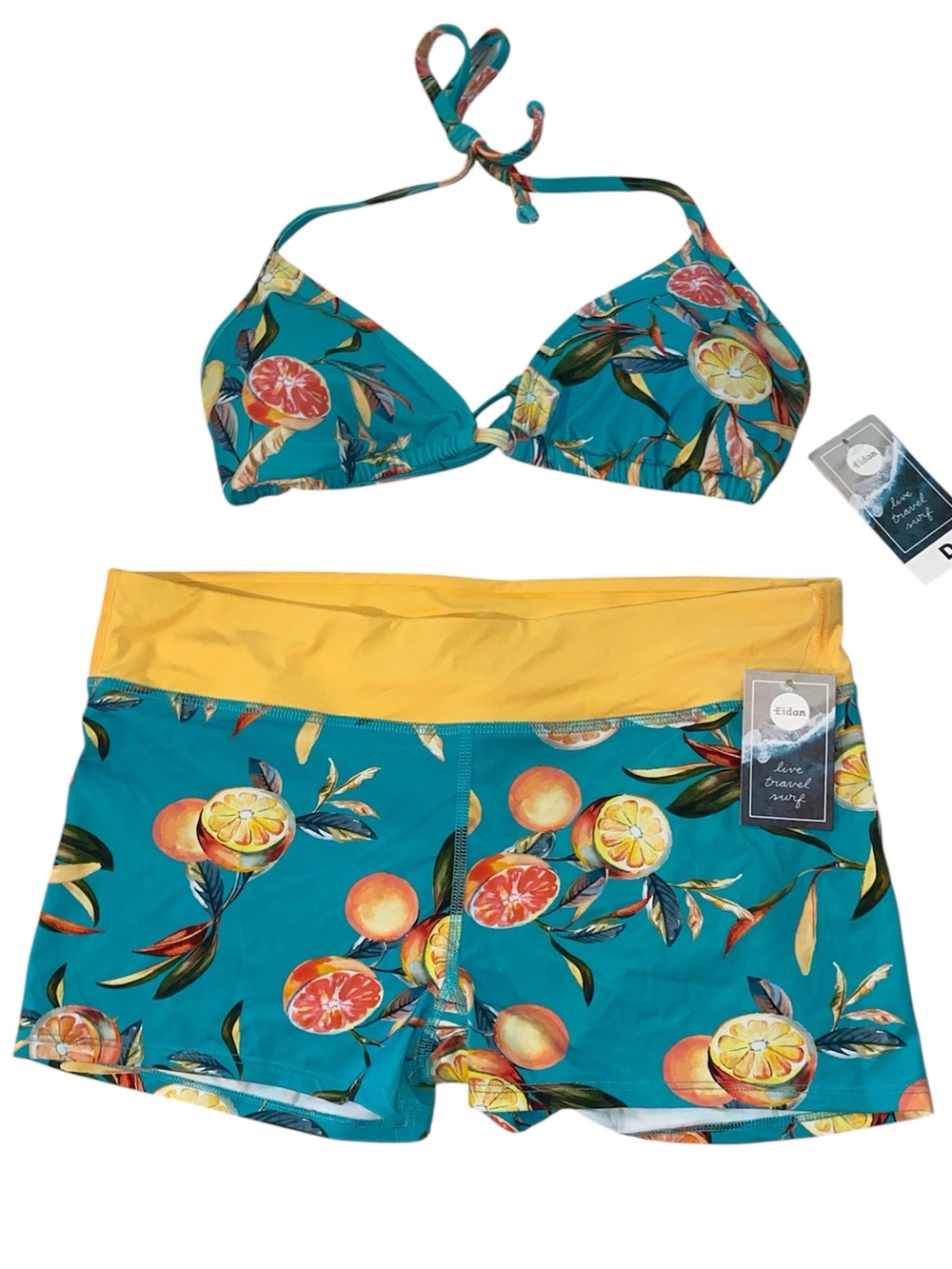 Teal Citrus Print Triangle Bikini Top & Swim Shorts